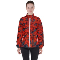 Red Grey Abstract Grunge Pattern Women s High Neck Windbreaker by SpinnyChairDesigns