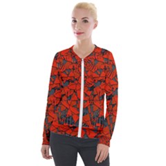 Red Grey Abstract Grunge Pattern Velour Zip Up Jacket by SpinnyChairDesigns