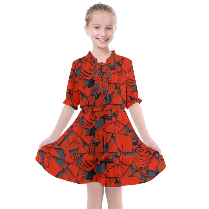 Red Grey Abstract Grunge Pattern Kids  All Frills Chiffon Dress