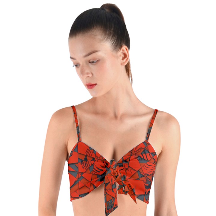 Red Grey Abstract Grunge Pattern Woven Tie Front Bralet