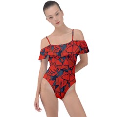 Red Grey Abstract Grunge Pattern Frill Detail One Piece Swimsuit by SpinnyChairDesigns