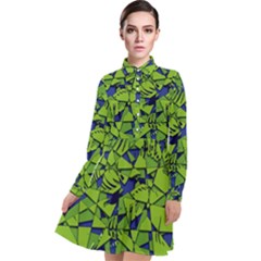 Green Blue Abstract Grunge Pattern Long Sleeve Chiffon Shirt Dress by SpinnyChairDesigns