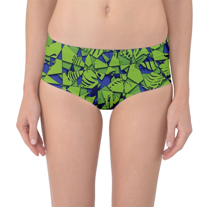 Green Blue Abstract Grunge Pattern Mid-Waist Bikini Bottoms