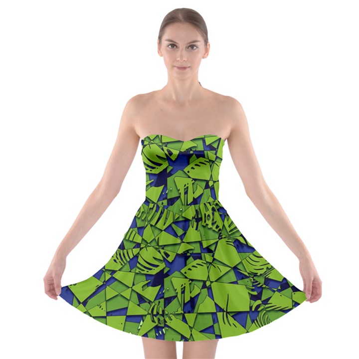 Green Blue Abstract Grunge Pattern Strapless Bra Top Dress