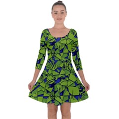 Green Blue Abstract Grunge Pattern Quarter Sleeve Skater Dress by SpinnyChairDesigns