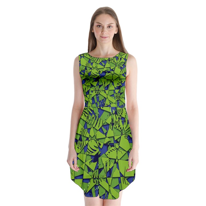 Green Blue Abstract Grunge Pattern Sleeveless Chiffon Dress  