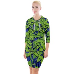 Green Blue Abstract Grunge Pattern Quarter Sleeve Hood Bodycon Dress by SpinnyChairDesigns