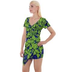 Green Blue Abstract Grunge Pattern Short Sleeve Asymmetric Mini Dress by SpinnyChairDesigns