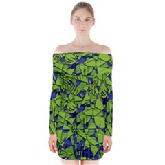 Green Blue Abstract Grunge Pattern Long Sleeve Off Shoulder Dress by SpinnyChairDesigns