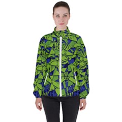 Green Blue Abstract Grunge Pattern Women s High Neck Windbreaker by SpinnyChairDesigns