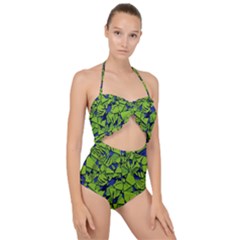 Green Blue Abstract Grunge Pattern Scallop Top Cut Out Swimsuit by SpinnyChairDesigns