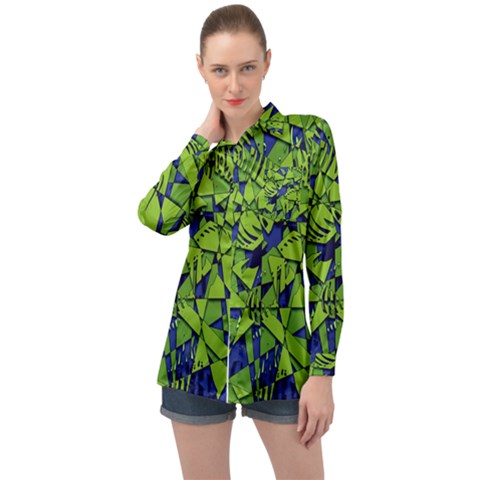 Green Blue Abstract Grunge Pattern Long Sleeve Satin Shirt by SpinnyChairDesigns