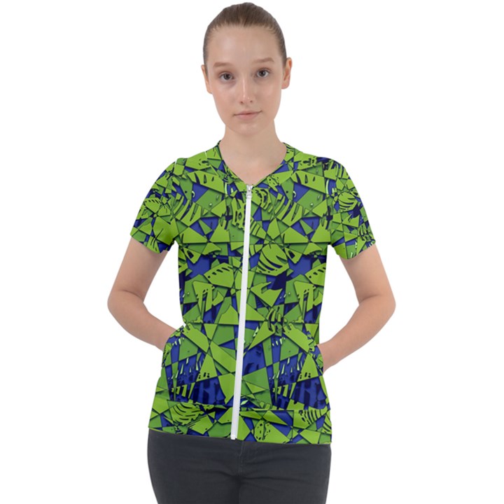 Green Blue Abstract Grunge Pattern Short Sleeve Zip Up Jacket