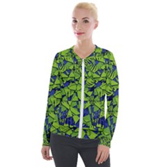 Green Blue Abstract Grunge Pattern Velour Zip Up Jacket by SpinnyChairDesigns