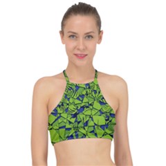 Green Blue Abstract Grunge Pattern Racer Front Bikini Top by SpinnyChairDesigns