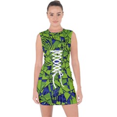 Green Blue Abstract Grunge Pattern Lace Up Front Bodycon Dress by SpinnyChairDesigns