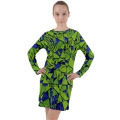 Green Blue Abstract Grunge Pattern Long Sleeve Hoodie Dress by SpinnyChairDesigns