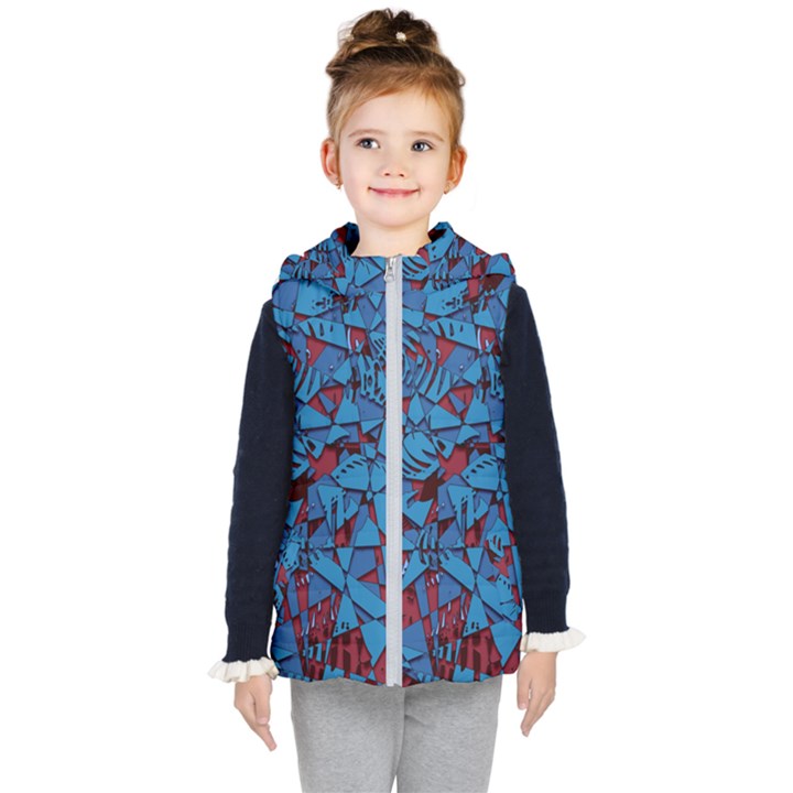 Red Blue Abstract Grunge Pattern Kids  Hooded Puffer Vest