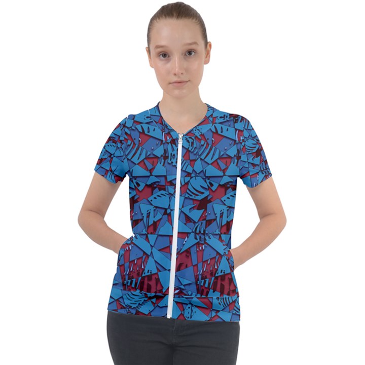 Red Blue Abstract Grunge Pattern Short Sleeve Zip Up Jacket