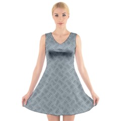 Grey Diamond Plate Metal Texture V-neck Sleeveless Dress by SpinnyChairDesigns