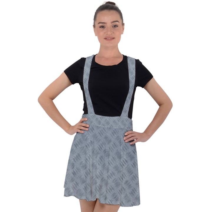 Grey Diamond Plate Metal Texture Velvet Suspender Skater Skirt