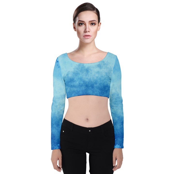 Abstract Sky Blue Texture Velvet Long Sleeve Crop Top