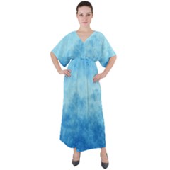 Abstract Sky Blue Texture V-neck Boho Style Maxi Dress by SpinnyChairDesigns