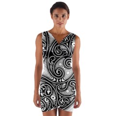 Abstract Paisley Black And White Wrap Front Bodycon Dress by SpinnyChairDesigns