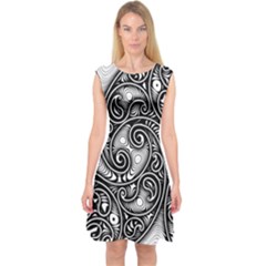 Abstract Paisley Black And White Capsleeve Midi Dress by SpinnyChairDesigns