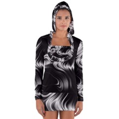 Black And White Abstract Swirls Long Sleeve Hooded T-shirt by SpinnyChairDesigns