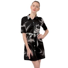 Black And White Abstract Swirls Belted Shirt Dress by SpinnyChairDesigns