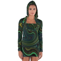 Dark Green Swirls Long Sleeve Hooded T-shirt by SpinnyChairDesigns