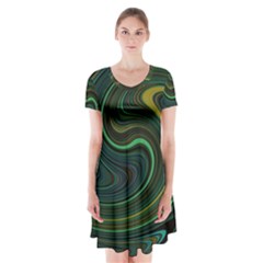 Dark Green Swirls Short Sleeve V-neck Flare Dress by SpinnyChairDesigns