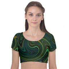 Dark Green Swirls Velvet Short Sleeve Crop Top  by SpinnyChairDesigns