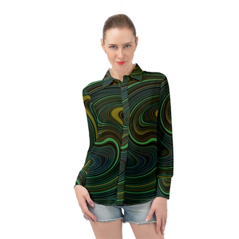 Dark Green Swirls Long Sleeve Chiffon Shirt by SpinnyChairDesigns