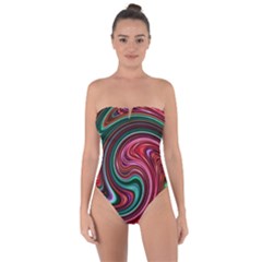 Red Green Swirls Tie Back One Piece Swimsuit by SpinnyChairDesigns