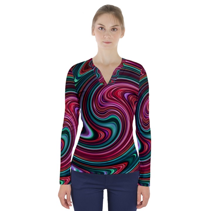 Red Green Swirls V-Neck Long Sleeve Top