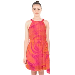 Pink And Orange Swirl Halter Collar Waist Tie Chiffon Dress by SpinnyChairDesigns