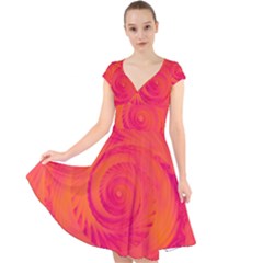 Pink And Orange Swirl Cap Sleeve Front Wrap Midi Dress by SpinnyChairDesigns