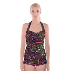 Abstract Tribal Swirl Boyleg Halter Swimsuit  by SpinnyChairDesigns