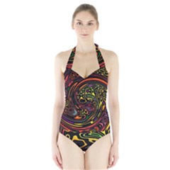 Abstract Tribal Swirl Halter Swimsuit by SpinnyChairDesigns