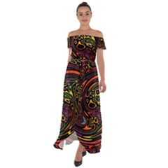 Abstract Tribal Swirl Off Shoulder Open Front Chiffon Dress by SpinnyChairDesigns