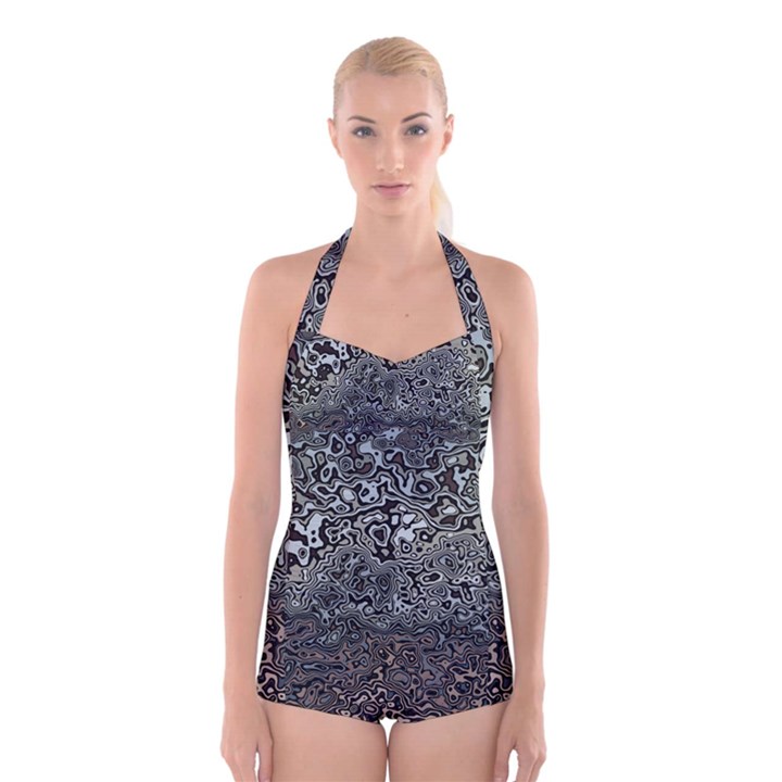 Urban Camouflage Black Grey Brown Boyleg Halter Swimsuit 