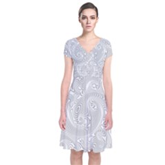 White Abstract Paisley Pattern Short Sleeve Front Wrap Dress by SpinnyChairDesigns