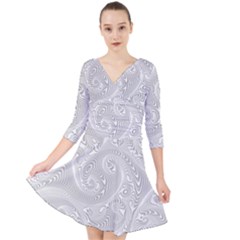 White Abstract Paisley Pattern Quarter Sleeve Front Wrap Dress by SpinnyChairDesigns