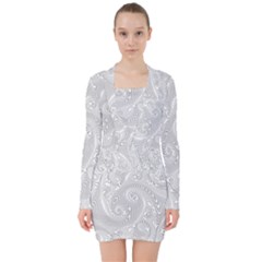 White Abstract Paisley Pattern V-neck Bodycon Long Sleeve Dress by SpinnyChairDesigns