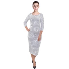 White Abstract Paisley Pattern Quarter Sleeve Midi Velour Bodycon Dress by SpinnyChairDesigns