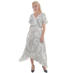 White Abstract Paisley Pattern Cross Front Sharkbite Hem Maxi Dress by SpinnyChairDesigns