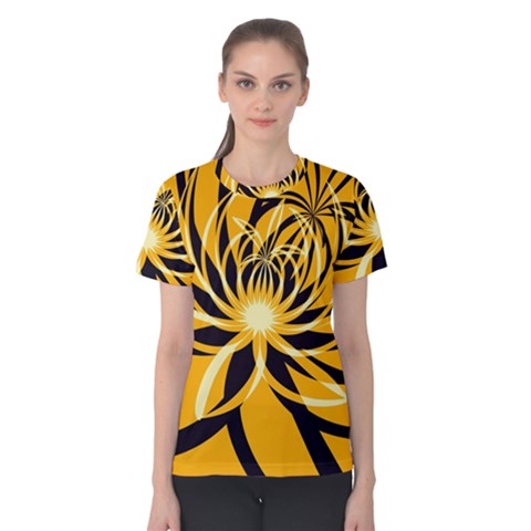 Black Yellow Abstract Floral Pattern Women s Cotton Tee by SpinnyChairDesigns