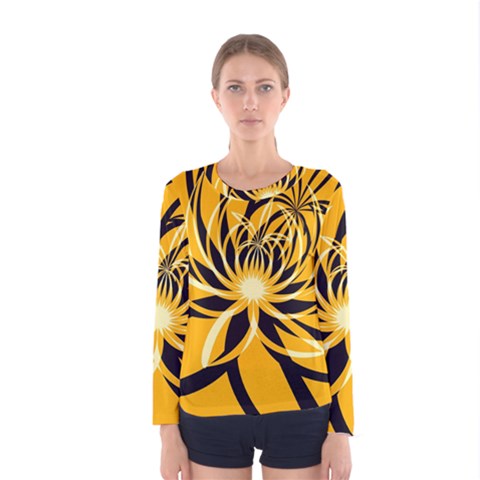 Black Yellow Abstract Floral Pattern Women s Long Sleeve Tee by SpinnyChairDesigns